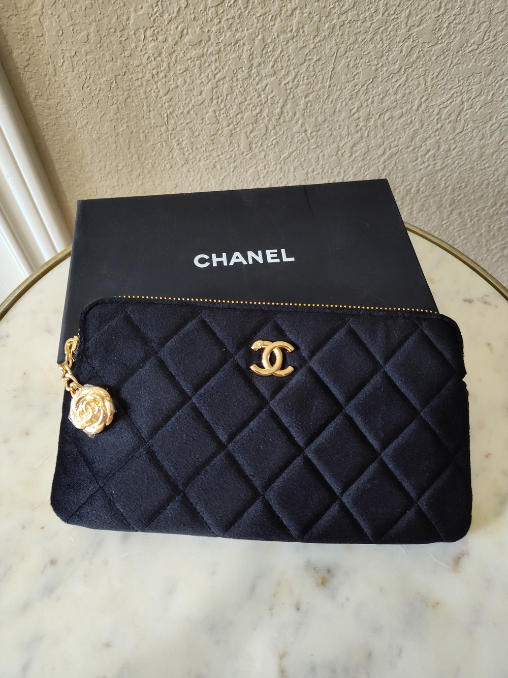 CHANEL Makeup Black Velvet Quilted Cosmetic Pouch Gold CC Camellia Charm NIB